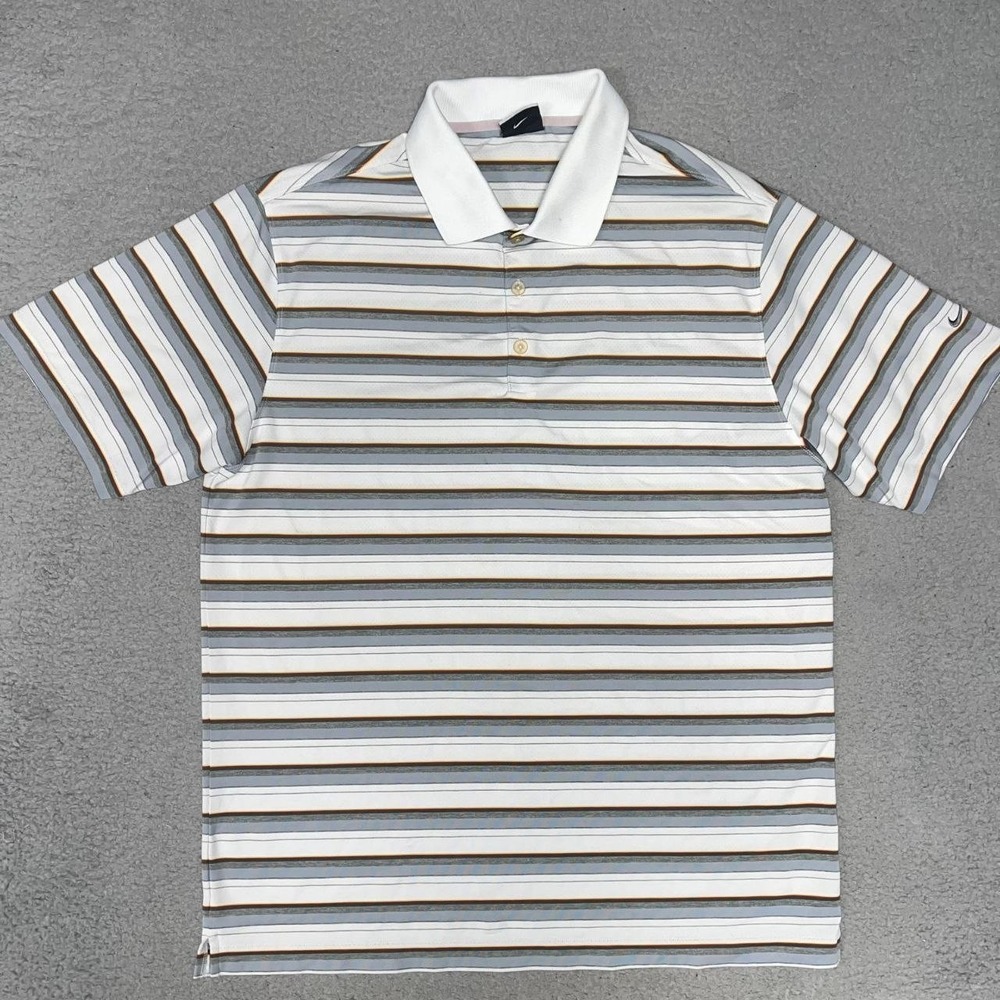 Nike Shirt Men's Sz L White Gray Striped Polo Golf Embroider Swoosh 432249-100